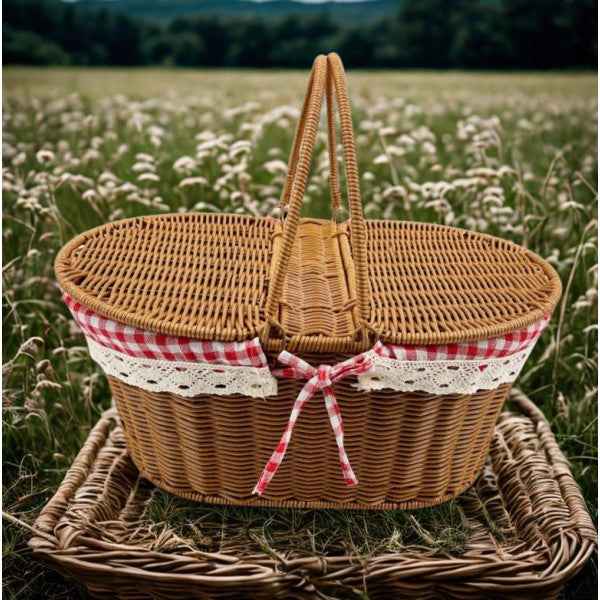 Класическа кошница за пикник с текстилна декорация