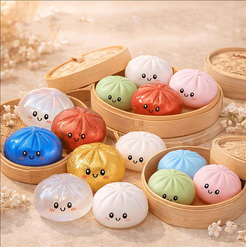 Colorful squishy dumpling sensory toys arranged in bamboo baskets, designed for tactile fidget play, stress relief and screen-free fun.