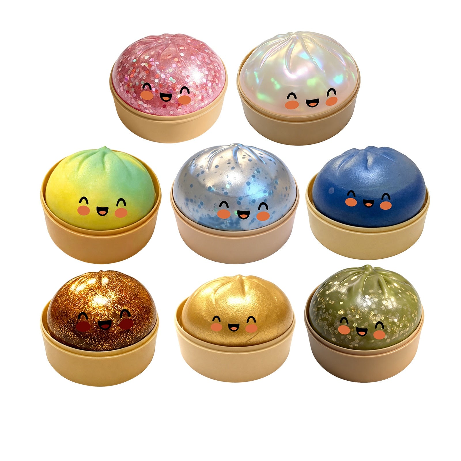 Glitter squishy dumpling sensory toy collection with smiling pastel and metallic designs, created for tactile fidget play and stress relief.