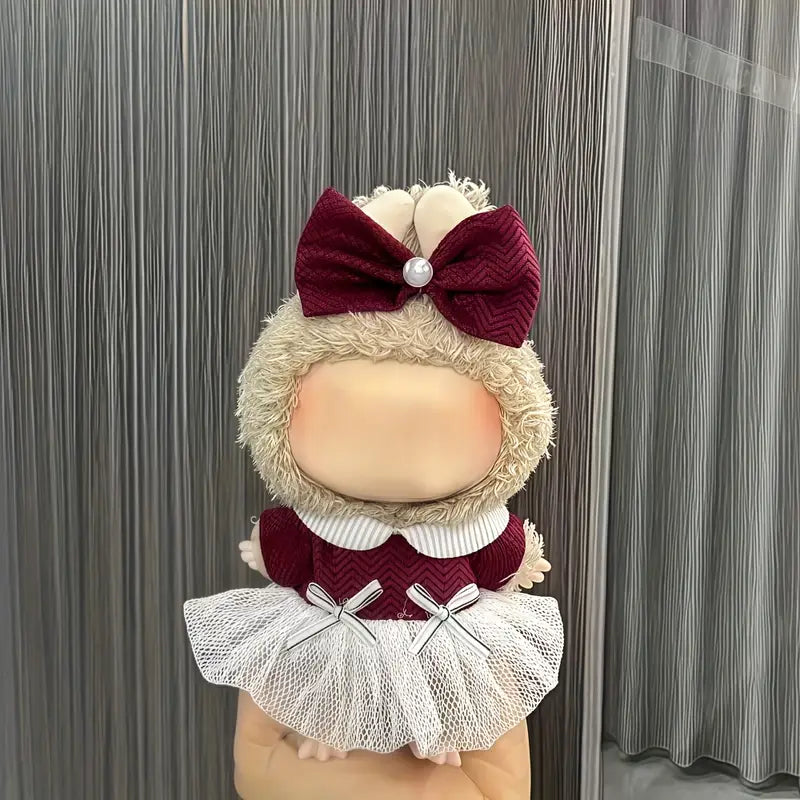 Рокля с панделка за Labubu (бордо червено)