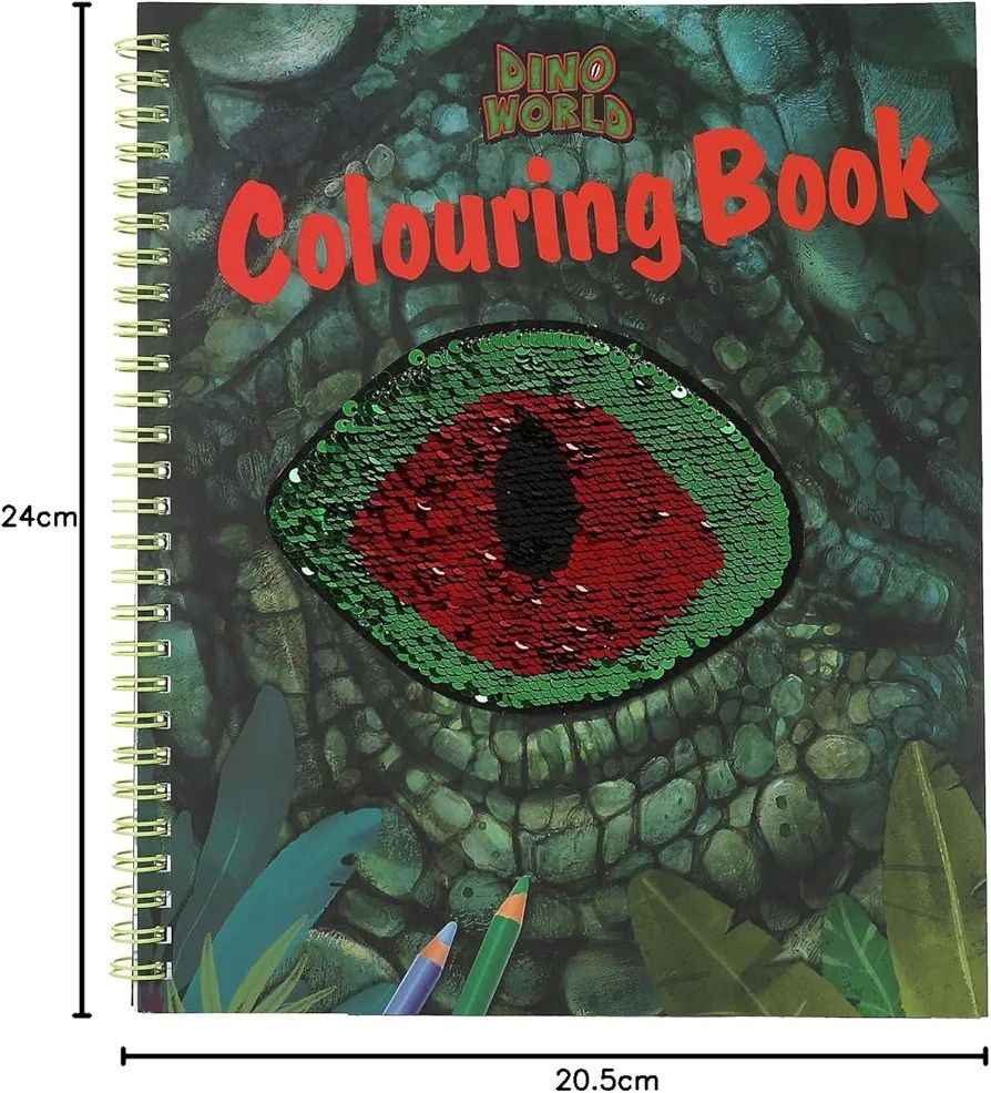🦖 DINO WORLD – Книжка за оцветяване с пайетено диньо око + стикери