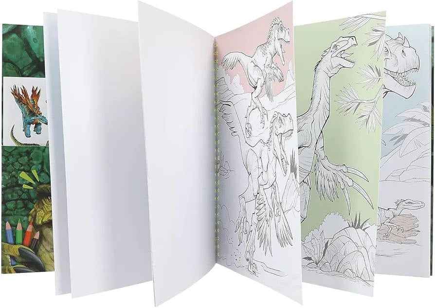 🦖 DINO WORLD – Книжка за оцветяване с пайетено диньо око + стикери