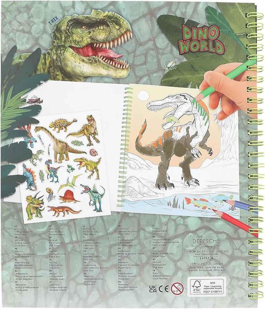 🦖 DINO WORLD – Книжка за оцветяване с пайетено диньо око + стикери