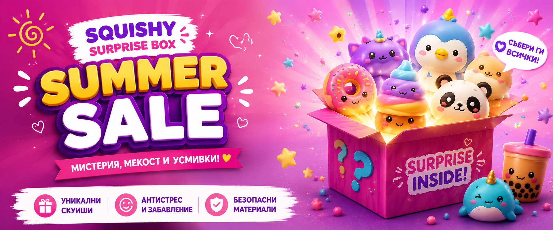Плюшени играчки в розова кутия с изненада, летна продажба с меки и усмихнати фигурки за деца