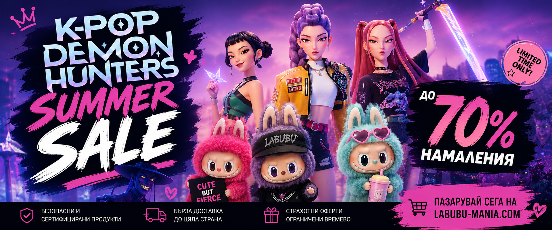 K-Pop Demon Hunters летна продажба с до 70% намаление и плюшени играчки Лабубу в ярки цветове