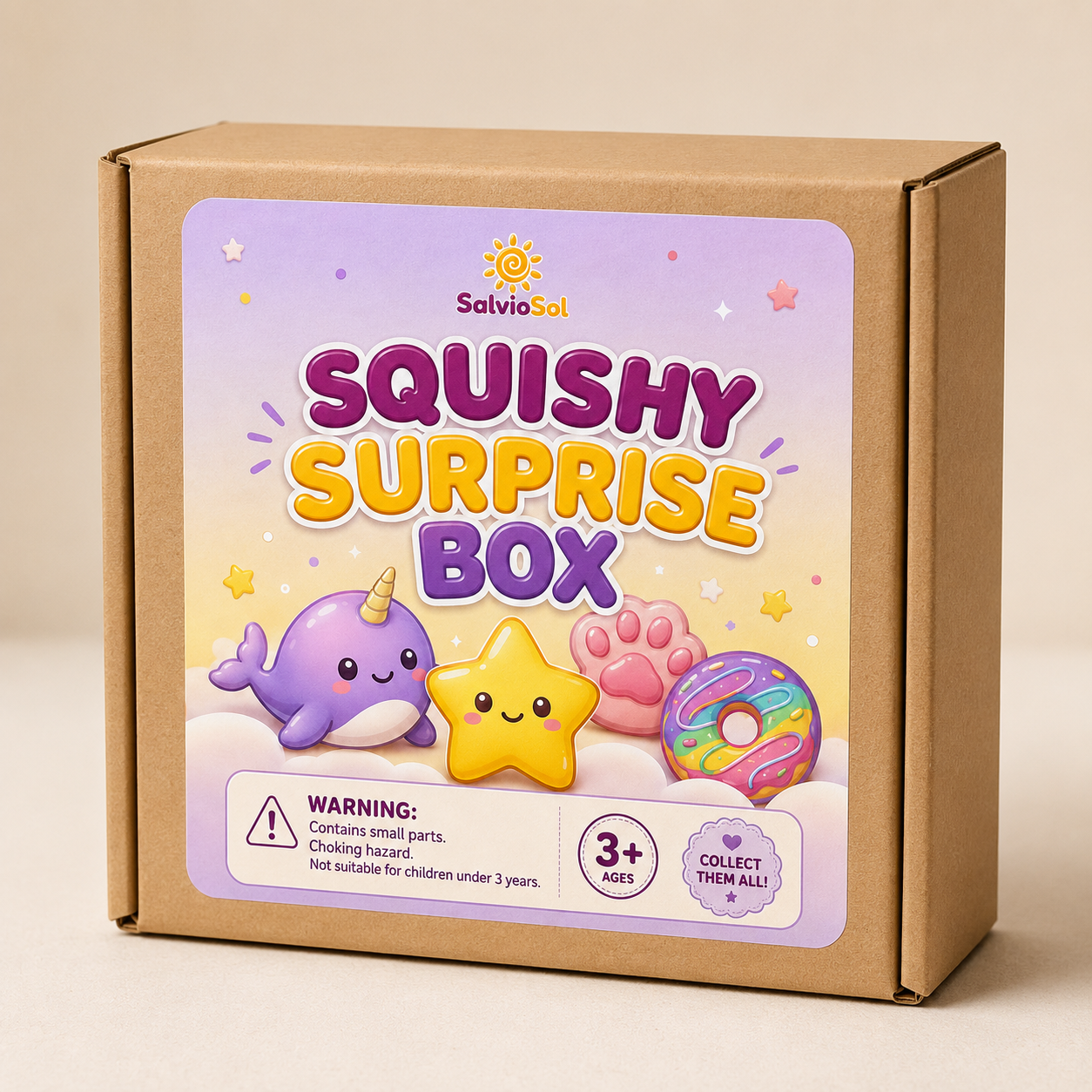 Squishy Surprise Box с плюшени играчки в кутия, подходяща за деца над 3 години, със звезда, единорог и поничка