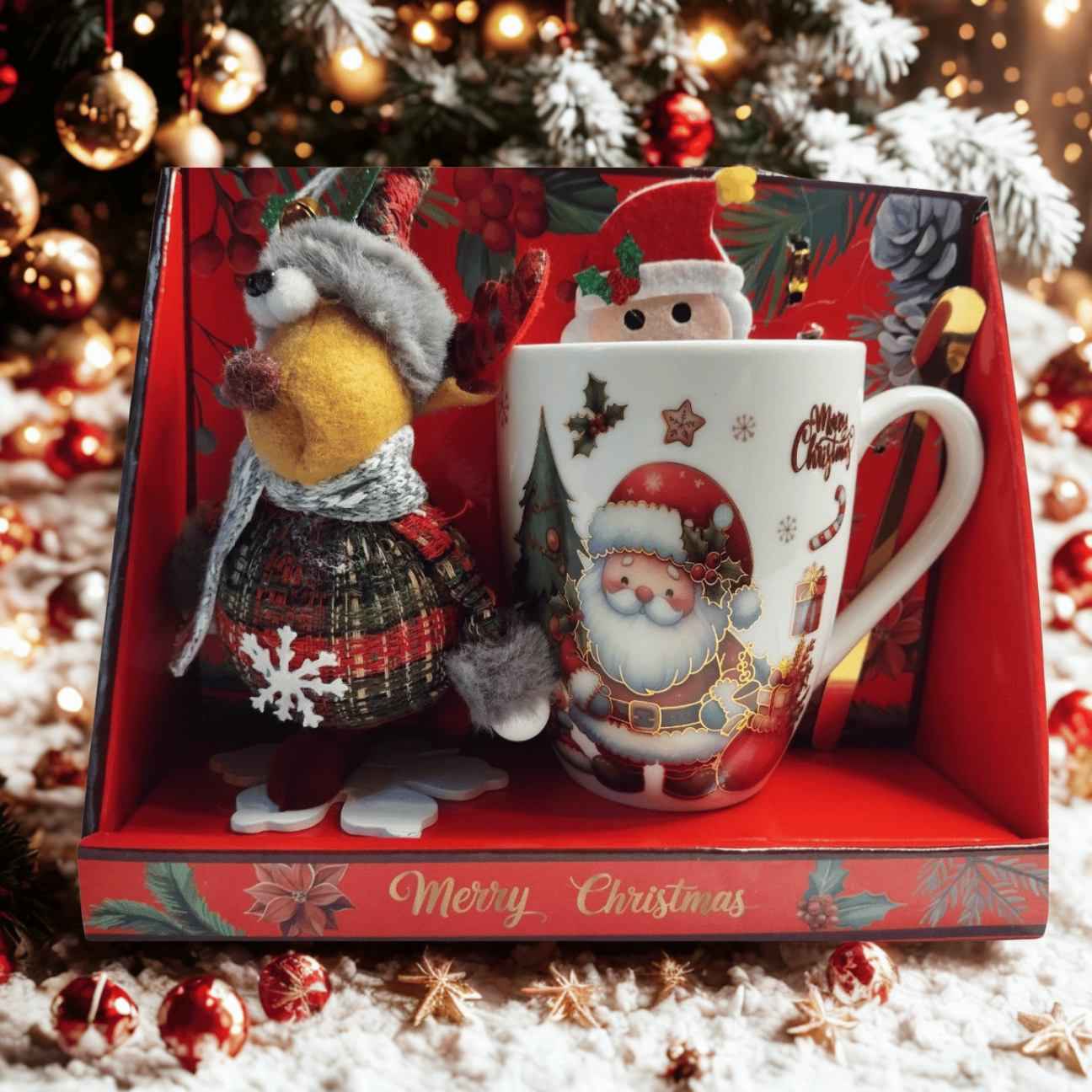 Коледен комплект – чаша с лъжичка и мека играчка